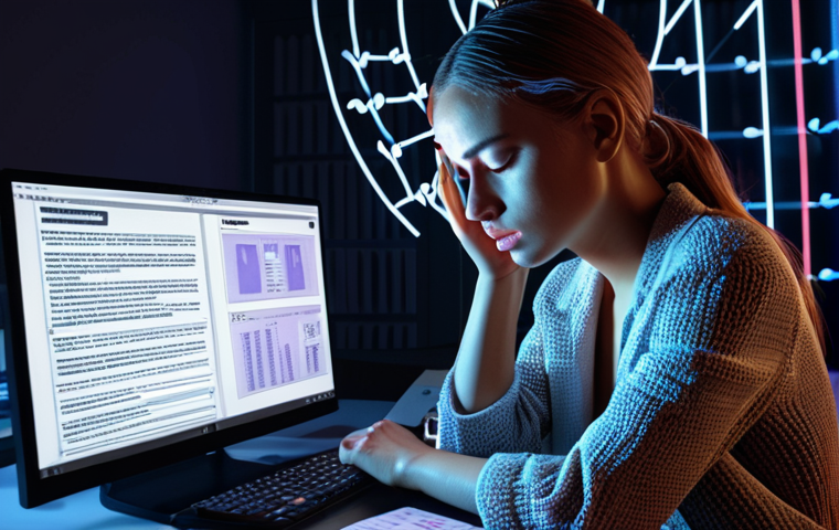 **A digital fashion designer looking stressed at their computer, surrounded by glowing NFTs. Legal documents and copyright symbols float in the background, casting dramatic shadows.** (This image captures the anxiety around copyright in the digital design world).