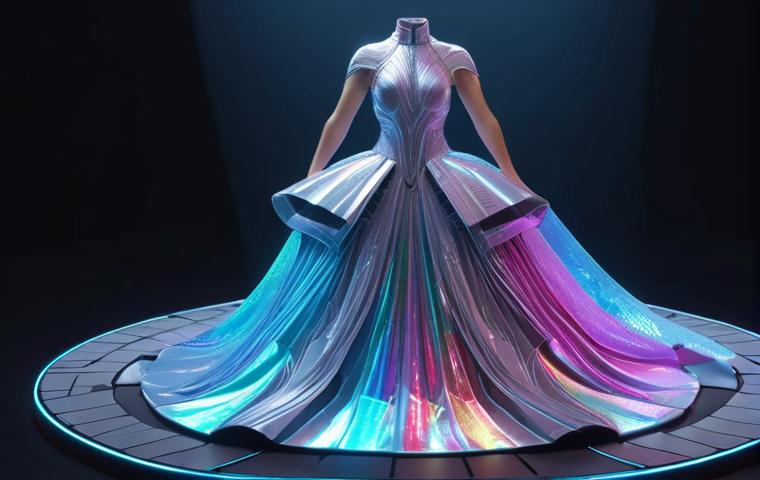 **

> A designer sculpting a virtual dress with 3D software, surrounded by holographic fabric and digital textures. Futuristic, immersive, and colorful.

**