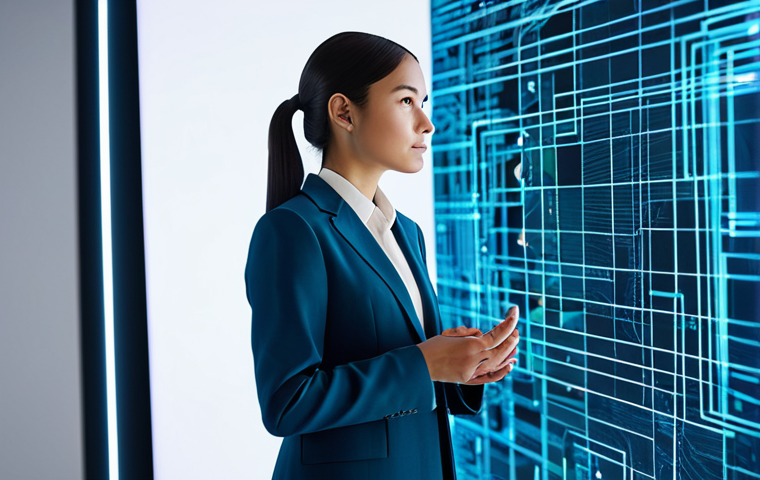A professional digital fashion designer, dressed in a modest, contemporary business suit, standing in a modern, well-lit digital design studio. The designer is gazing thoughtfully at a large holographic screen displaying intricate digital fashion designs intertwined with abstract blockchain network visuals. The studio has a sleek, minimalist aesthetic with subtle futuristic elements. High-resolution, crisp detail, soft ambient lighting, studio photography. Perfect anatomy, correct proportions, natural pose, well-formed hands, proper finger count, natural body proportions. Fully clothed, appropriate attire, safe for work, professional, appropriate content, modest clothing, family-friendly.