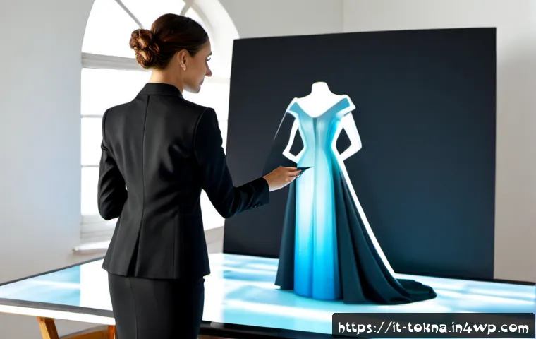 Home 12 디지털 패션 NFT의 디자인 과정 - Photorealistic Milan fashion studio, Italian digital fashion designer in a tailored black blazer scu...