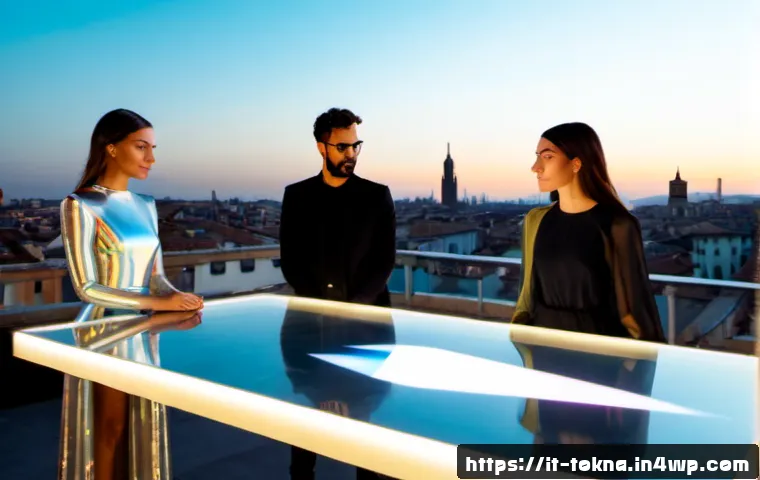 Home 14 디지털 패션 NFT 관련 커뮤니티 소개 - Photorealistic Milan rooftop community gathering at golden hour, diverse young Italian digital fashi...