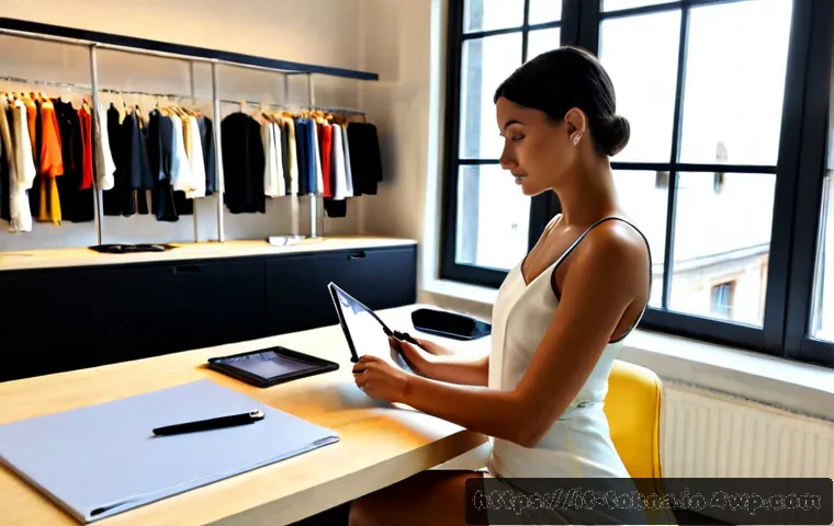 Home 17 디지털 패션 NFT 제작 도구 소개 - Photorealistic modern Milan fashion studio, Italian digital fashion designer seated at a clean works...
